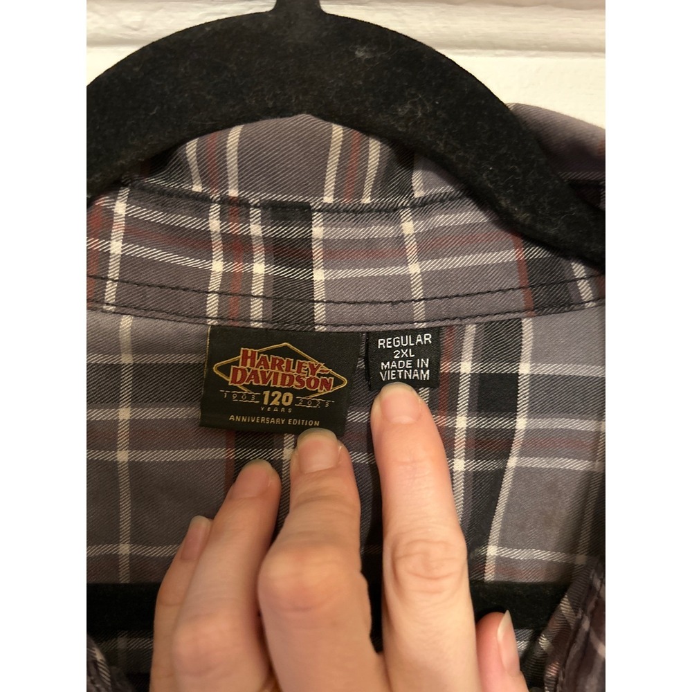 Harley-Davidson 120th Anniversary Plaid Button Down‎ Shirt 2XL Grey Moto Flannel - Picture 5 of 9